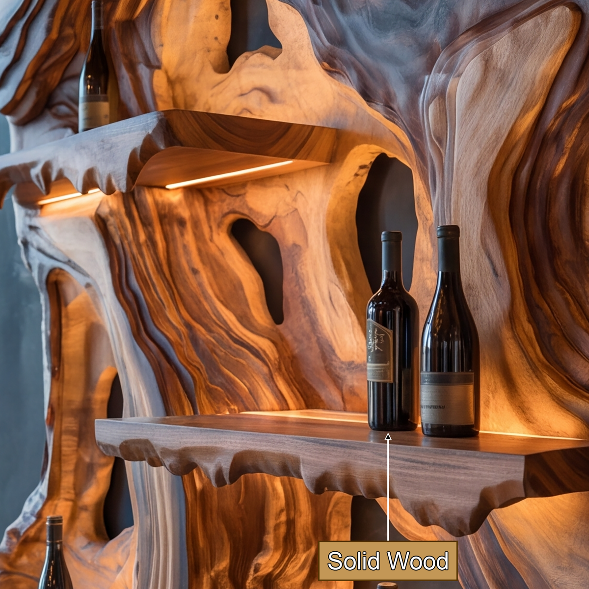 Stratavorn Topographic Mountain Handcrafted Floating Wine Shelf by Timberustic — solid wood detail