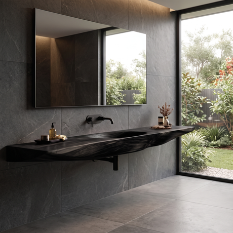 Sylavyn Sculpted Slab Handcrafted Floating Bathroom Vanity with Integrated Sink Black - Timberustic Floating Bathroom Vanity with Integrated Sink