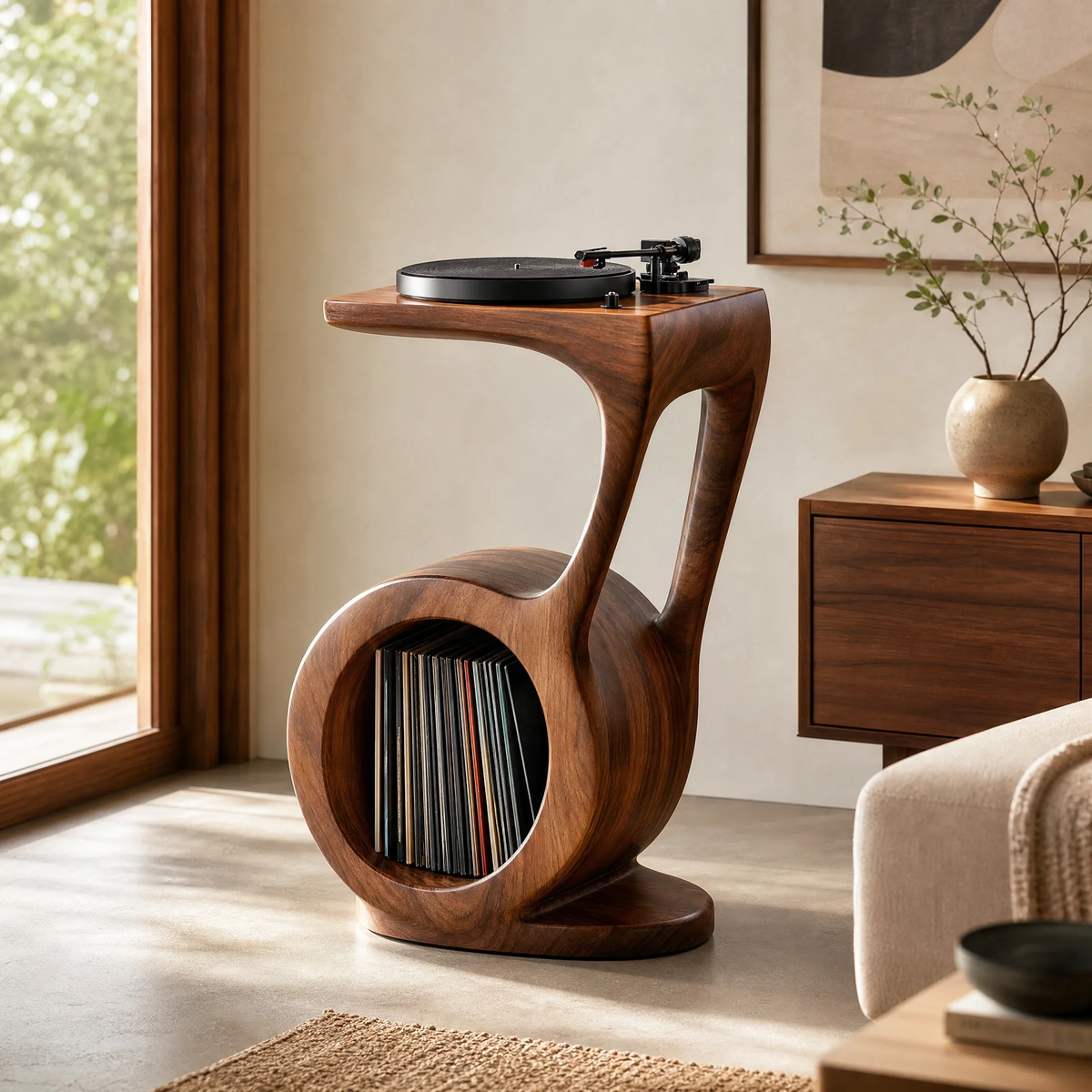 Sylawyn Circular Sculpted Handcrafted Record Player Stand With Storage - Timberustic Record Player Stand With Storage