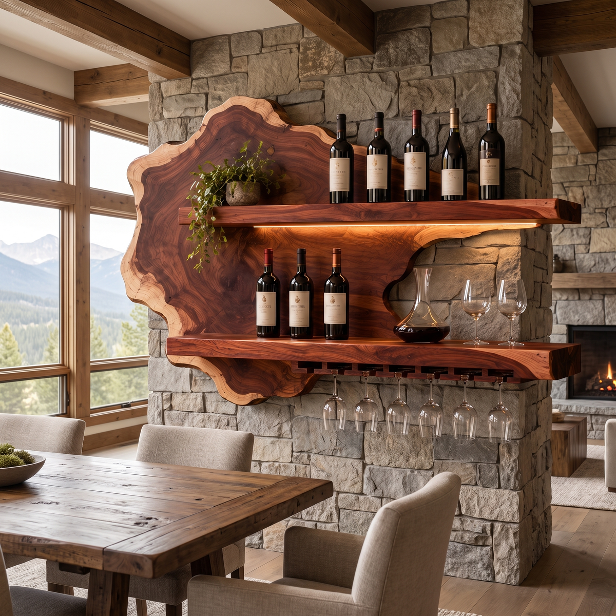 Sylelune Live Edge Handcrafted Floating Wine Shelf by Timberustic — Mahogany finish