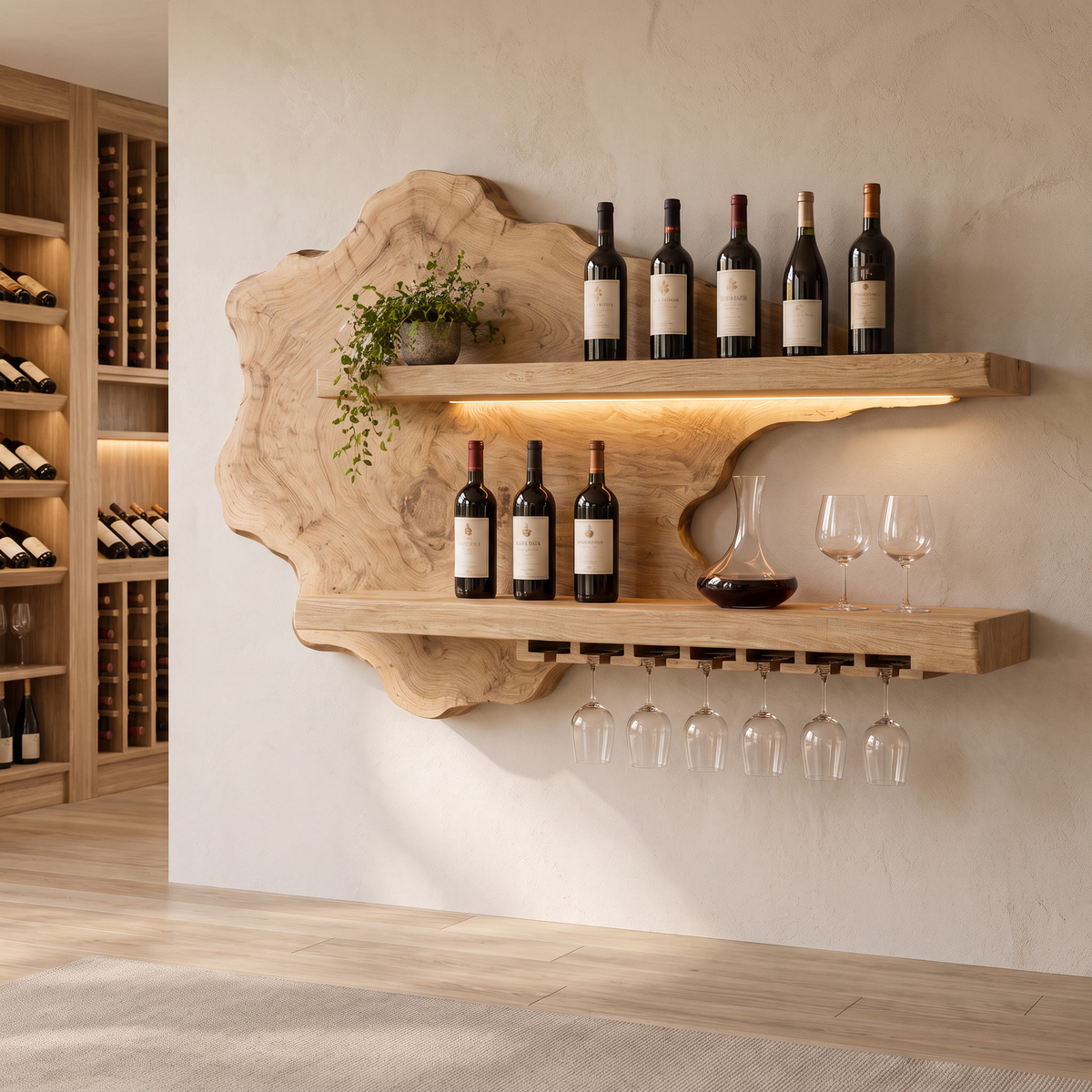 Sylelune Live Edge Handcrafted Floating Wine Shelf by Timberustic — Natural Oak finish
