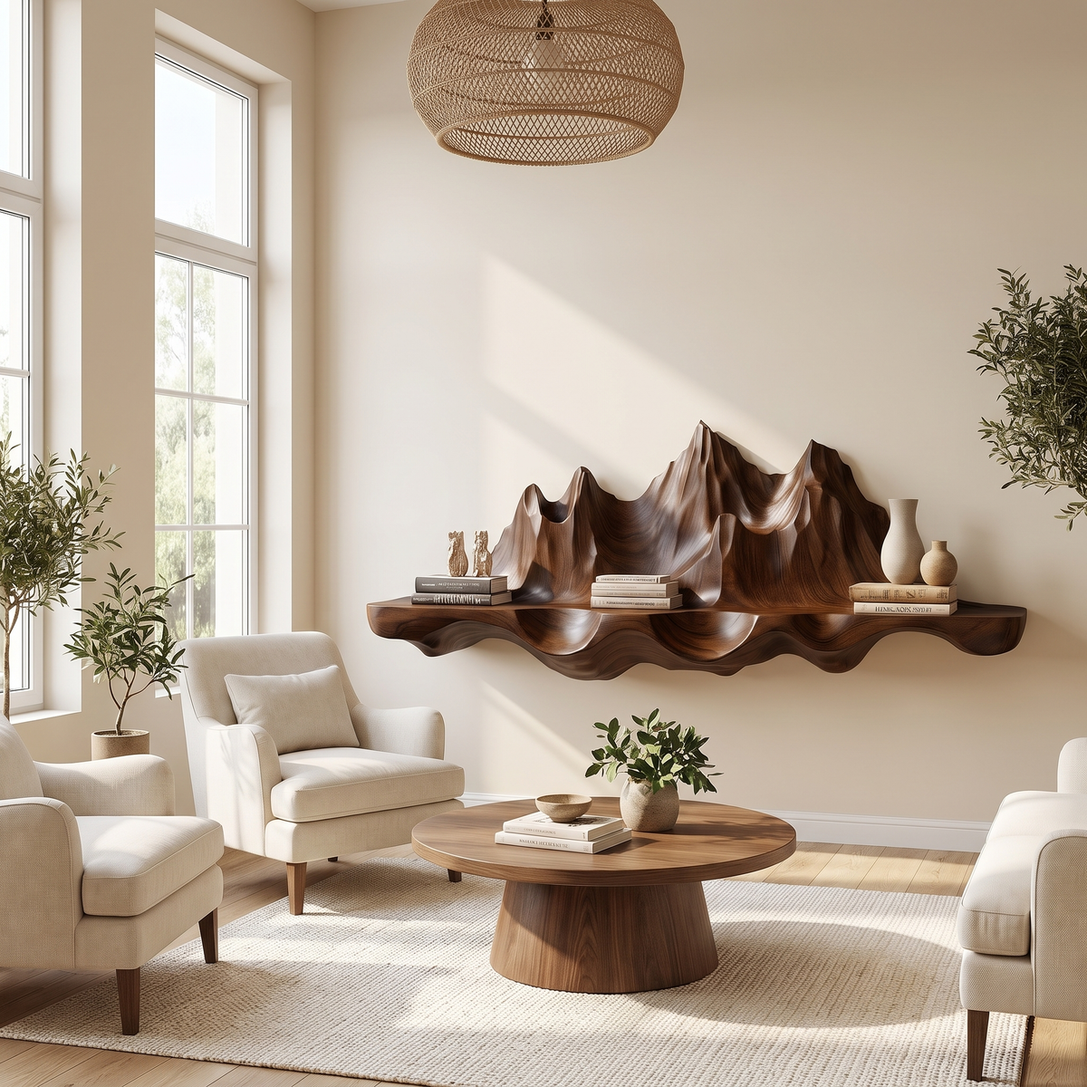 Sylerell Sculpted Mountain Landscape Handcrafted Floating Shelf by Timberustic — Dark Walnut finish