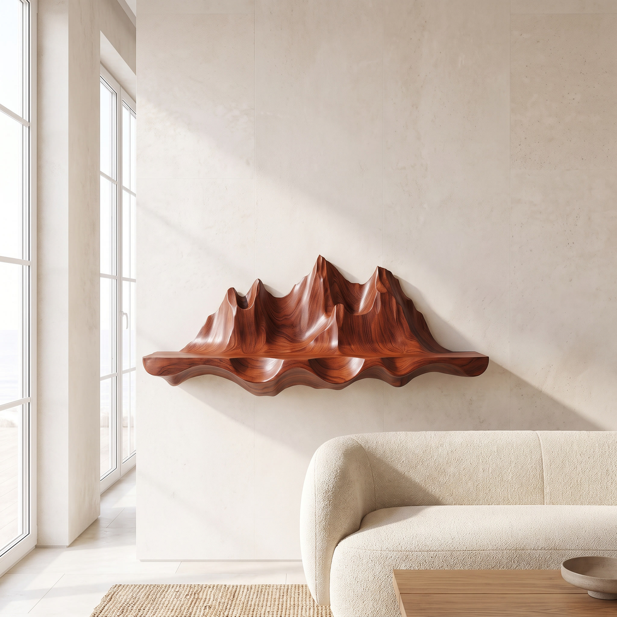 Sylerell Sculpted Mountain Landscape Handcrafted Floating Shelf by Timberustic — Mahogany finish