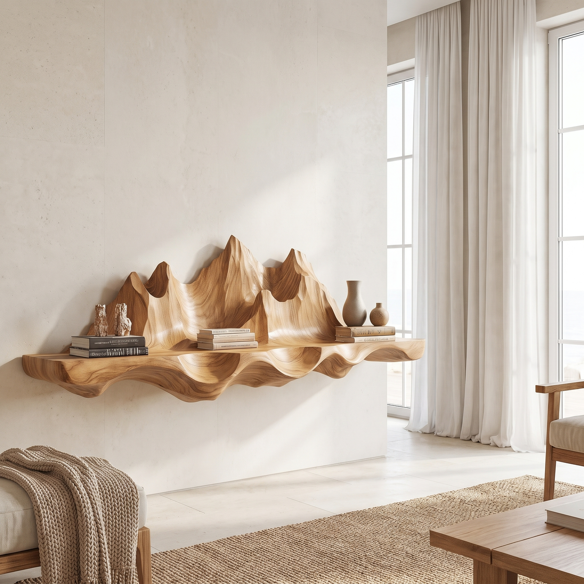 Sylerell Sculpted Mountain Landscape Handcrafted Floating Shelf by Timberustic — Natural Oak finish