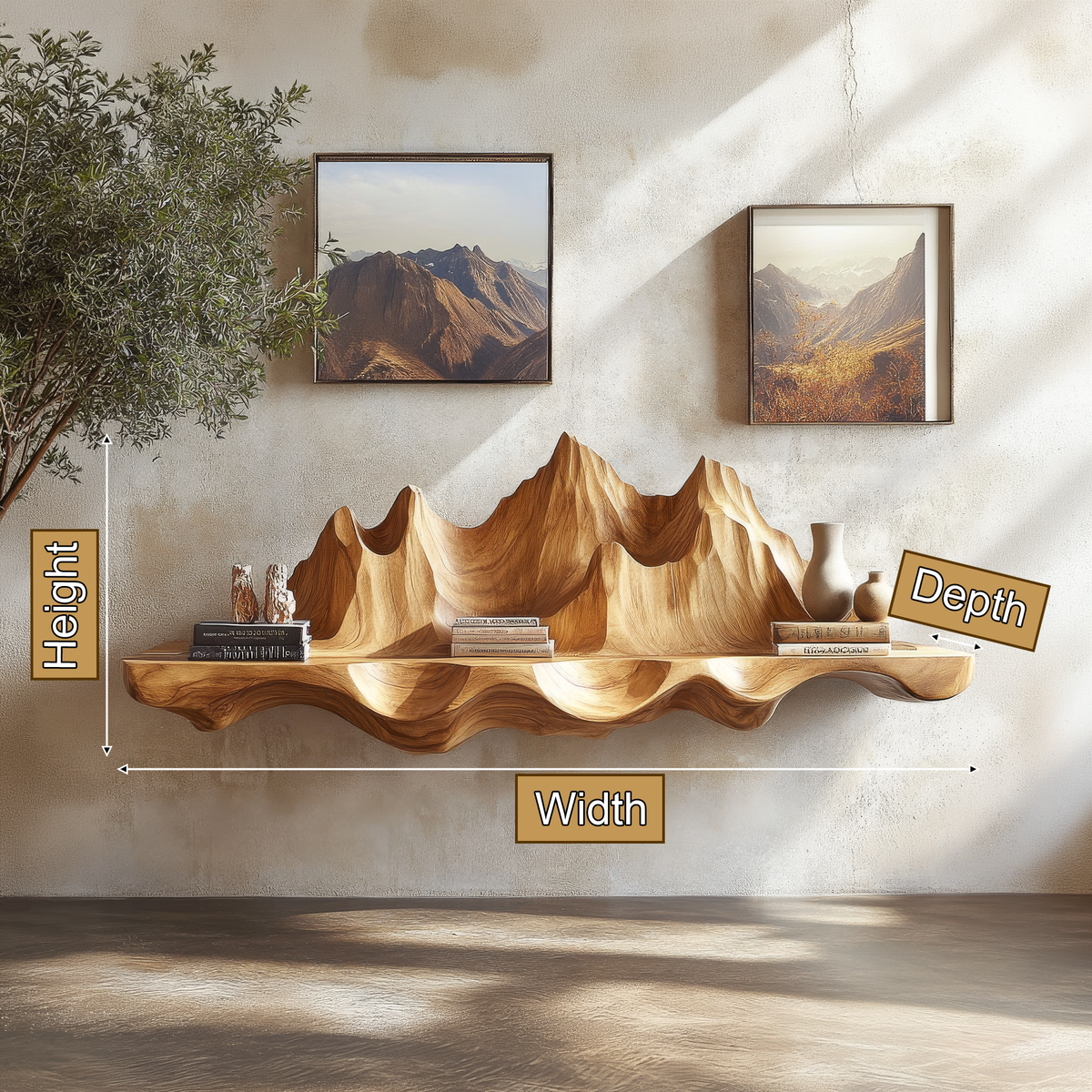Sylerell Sculpted Mountain Landscape Handcrafted Floating Shelf by Timberustic — product dimensions
