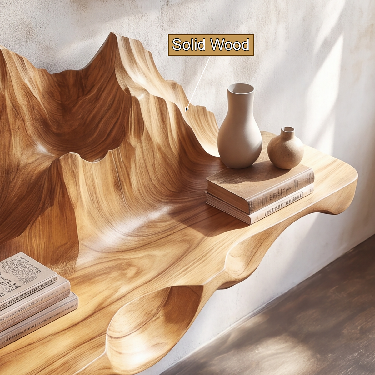 Sylerell Sculpted Mountain Landscape Handcrafted Floating Shelf by Timberustic — solid wood detail