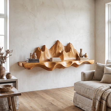 Sylerell Sculpted Mountain Landscape Handcrafted Floating Shelf Teak - Timberustic Floating Shelf