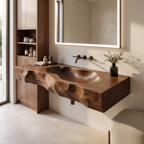 Sylevane Sculpted Basin Handcrafted Floating Bathroom Vanity with Integrated Sink Brown - Timberustic Floating Bathroom Vanity with Integrated Sink