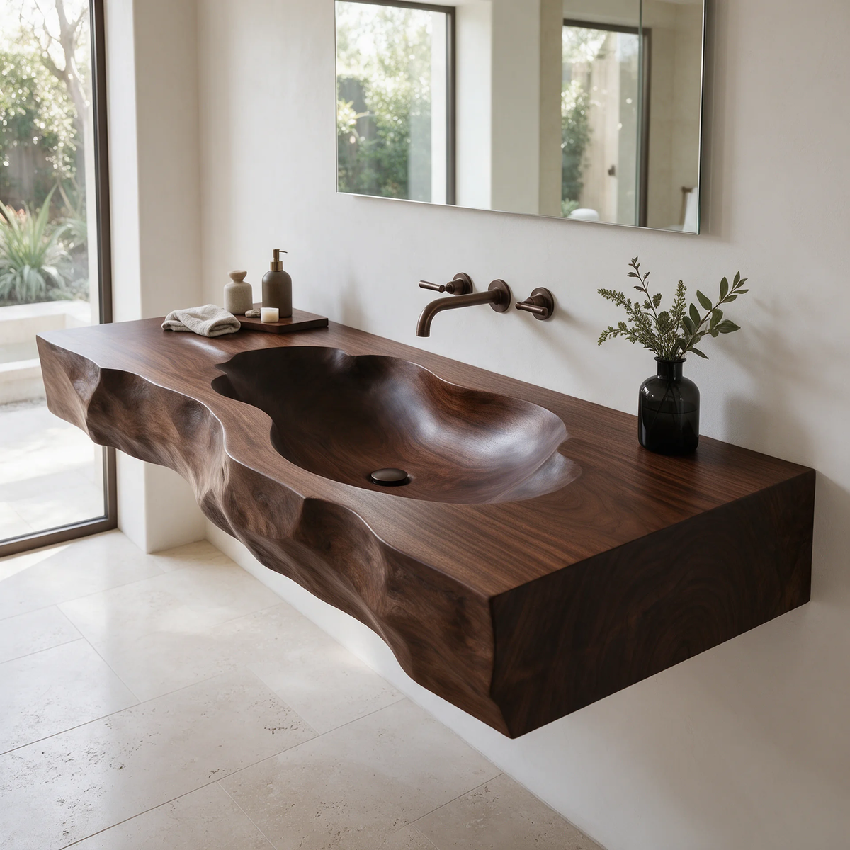 Sylevane Sculpted Basin Handcrafted Floating Bathroom Vanity with Integrated Sink Dark Walnut - Timberustic Floating Bathroom Vanity with Integrated Sink