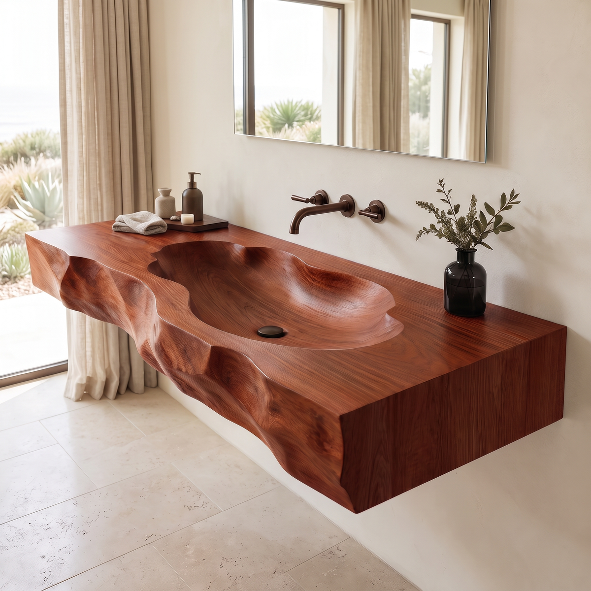 Sylevane Sculpted Basin Handcrafted Floating Bathroom Vanity with Integrated Sink Mahogany - Timberustic Floating Bathroom Vanity with Integrated Sink