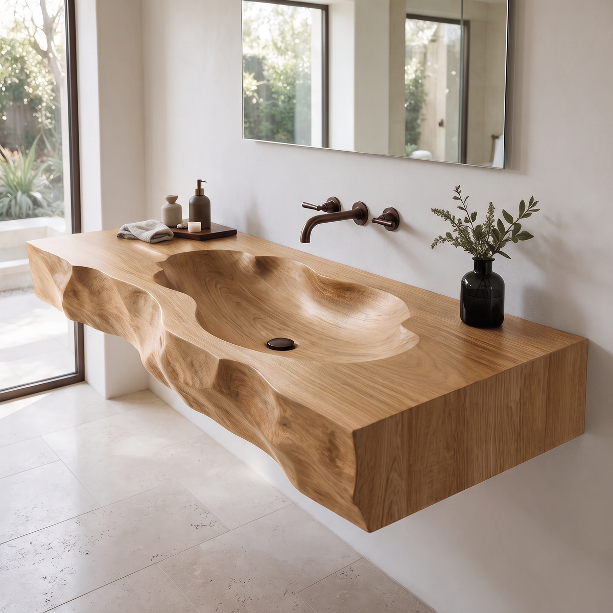 Sylevane Sculpted Basin Handcrafted Floating Bathroom Vanity with Integrated Sink Natural Oak - Timberustic Floating Bathroom Vanity with Integrated Sink