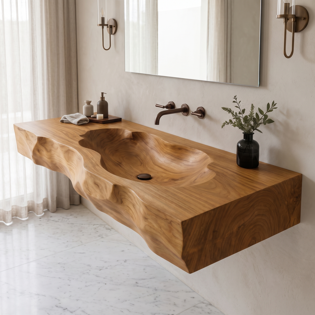 Sylevane Sculpted Basin Handcrafted Floating Bathroom Vanity with Integrated Sink Teak - Timberustic Floating Bathroom Vanity with Integrated Sink