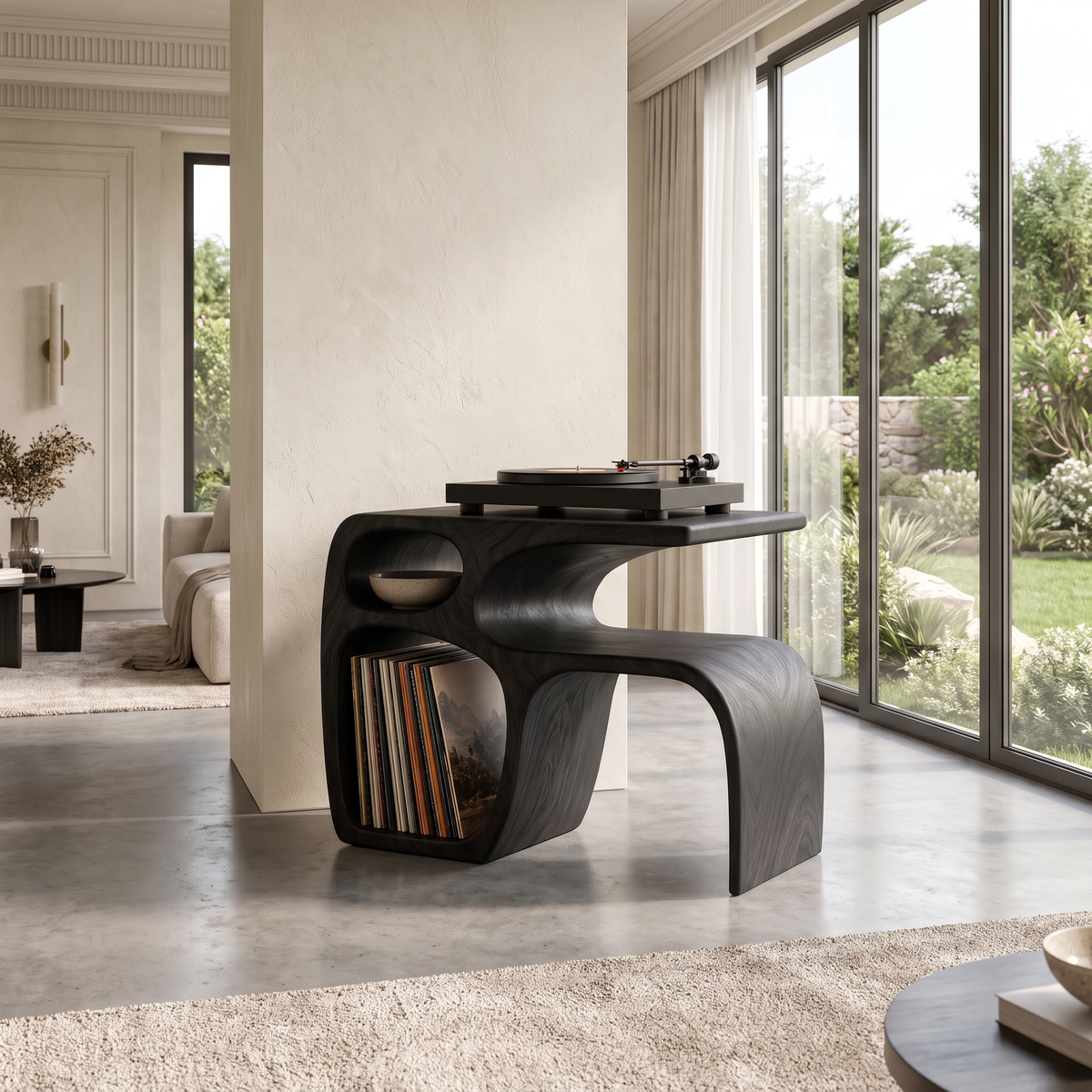 Sylewyn Asymmetric Sculpted Handcrafted Record Player Stand With Storage Black - Timberustic Record Player Stand With Storage