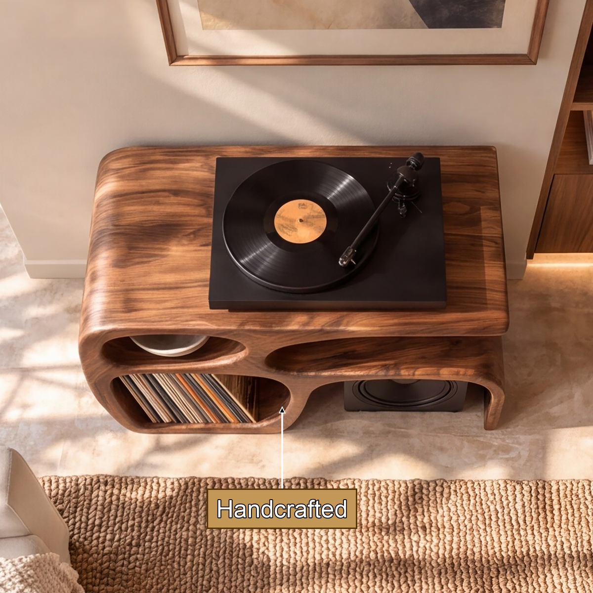 Sylewyn Asymmetric Sculpted Handcrafted Record Player Stand With Storage - Timberustic Record Player Stand With Storage