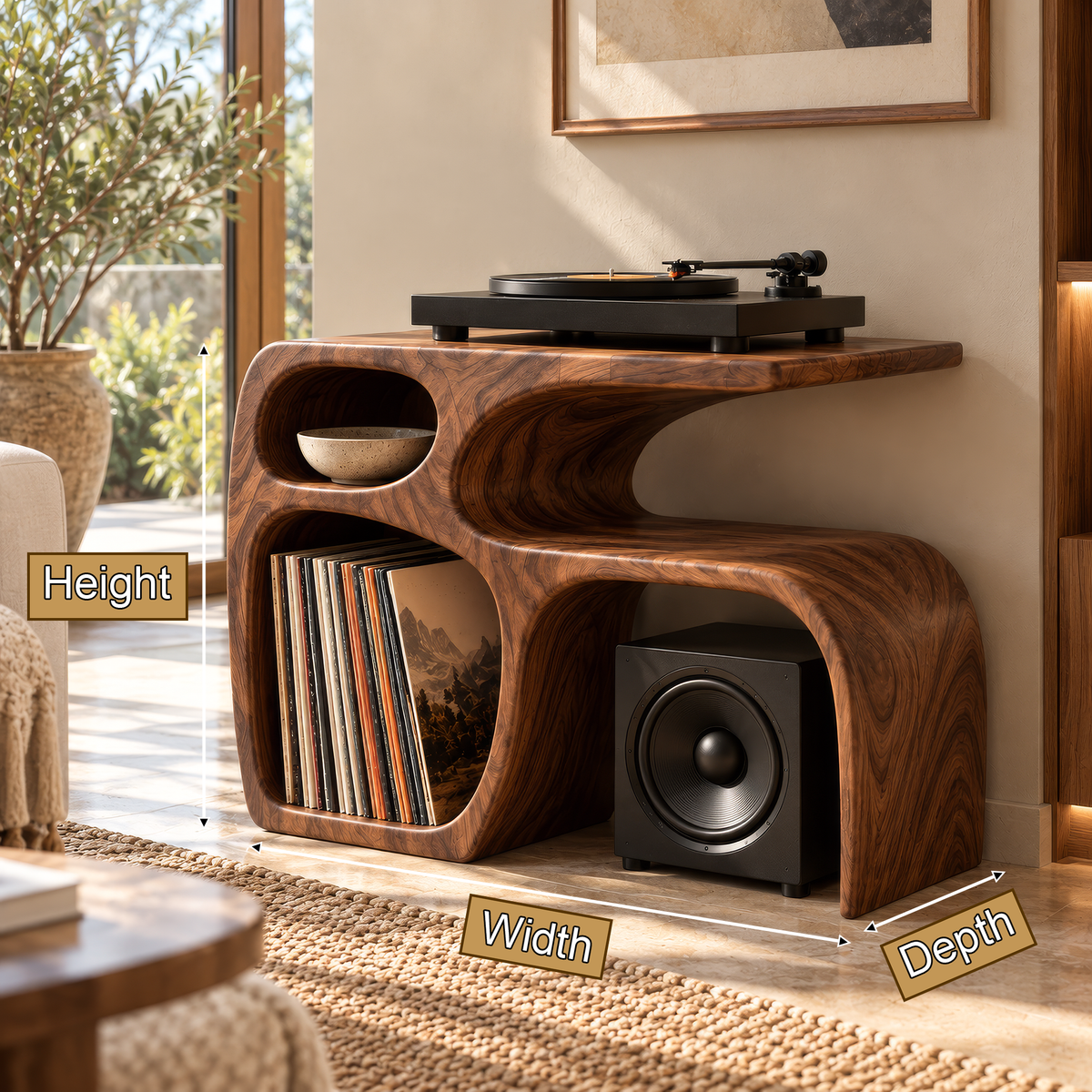 Sylewyn Asymmetric Sculpted Handcrafted Record Player Stand With Storage - Timberustic Record Player Stand With Storage