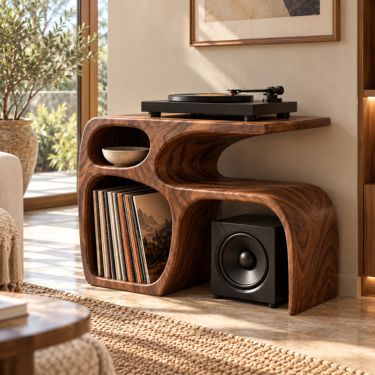 Sylewyn Asymmetric Sculpted Handcrafted Record Player Stand With Storage - Timberustic Record Player Stand With Storage