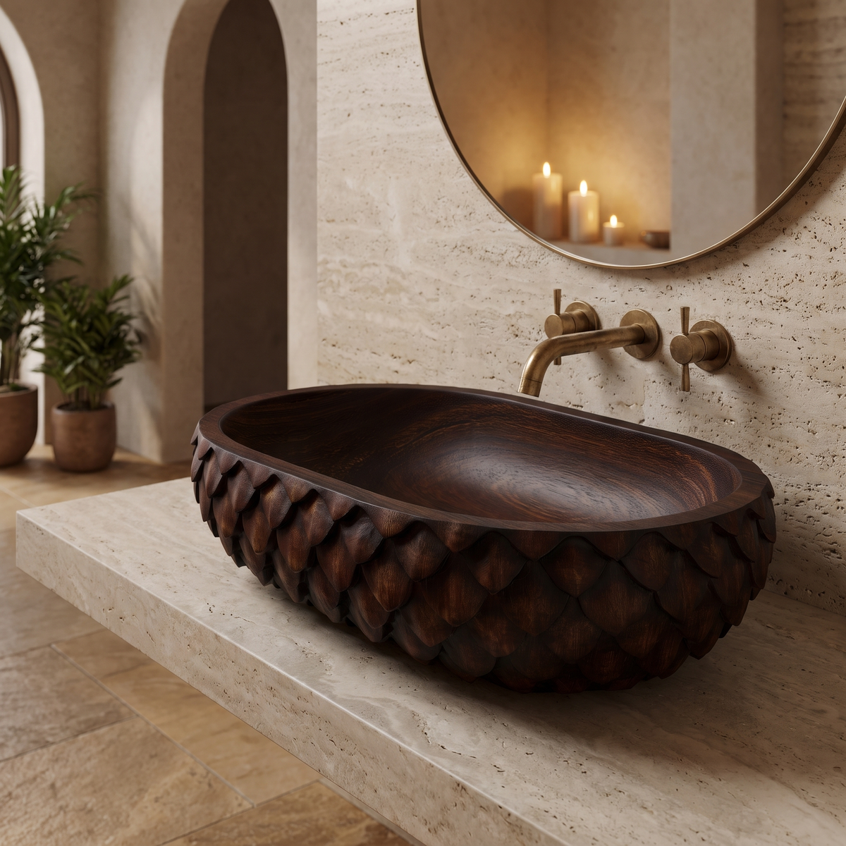 Sylivale Sculpted Scale Pattern Handcrafted Vessel Sinks Dark Walnut - Timberustic Vessel Sinks