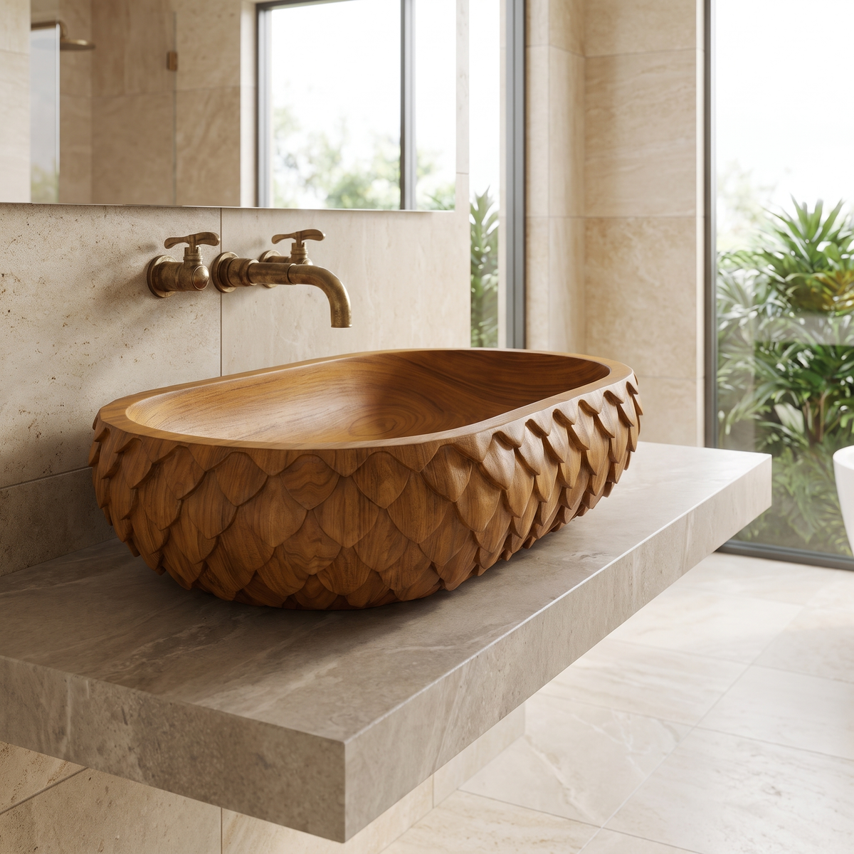 Sylivale Sculpted Scale Pattern Handcrafted Vessel Sinks Teak - Timberustic Vessel Sinks