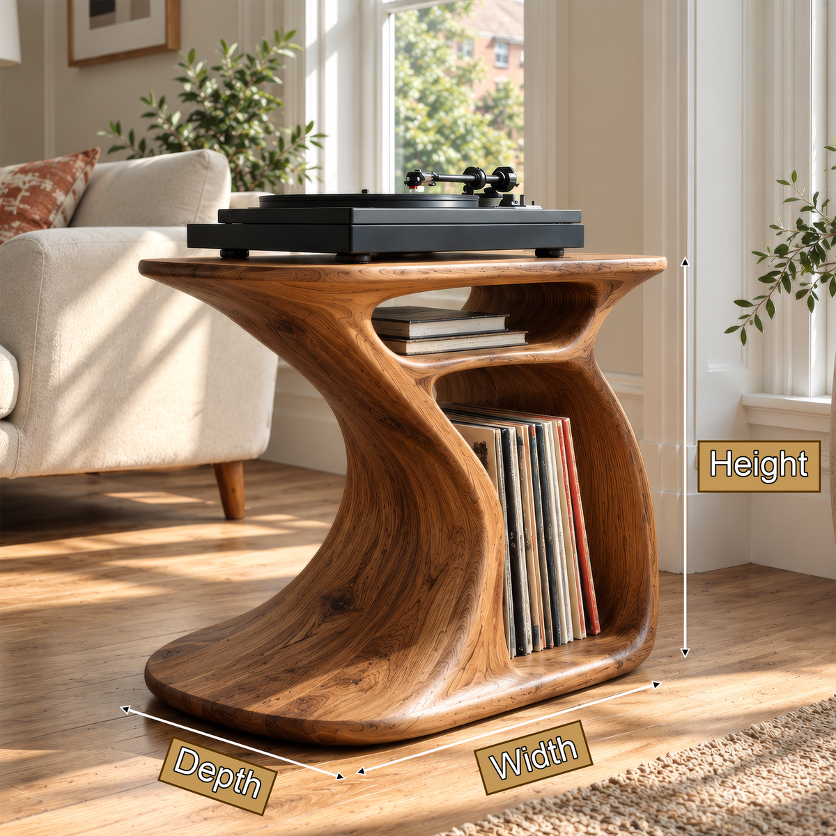Sylivyn Curved Sculpted Handcrafted Record Player Stand With Storage - Timberustic Record Player Stand With Storage