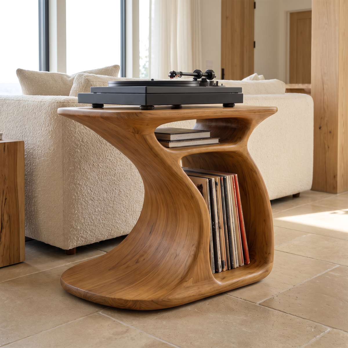 Sylivyn Curved Sculpted Handcrafted Record Player Stand With Storage Teak - Timberustic Record Player Stand With Storage