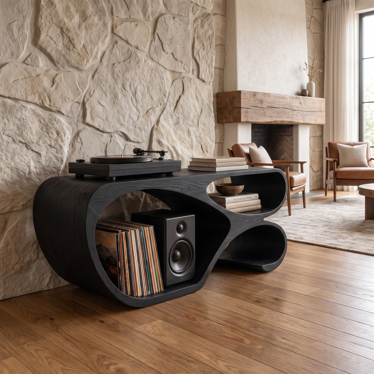 Sylodrin Sculpted Loop Handcrafted Record Player Stand With Storage Black - Timberustic Record Player Stand With Storage