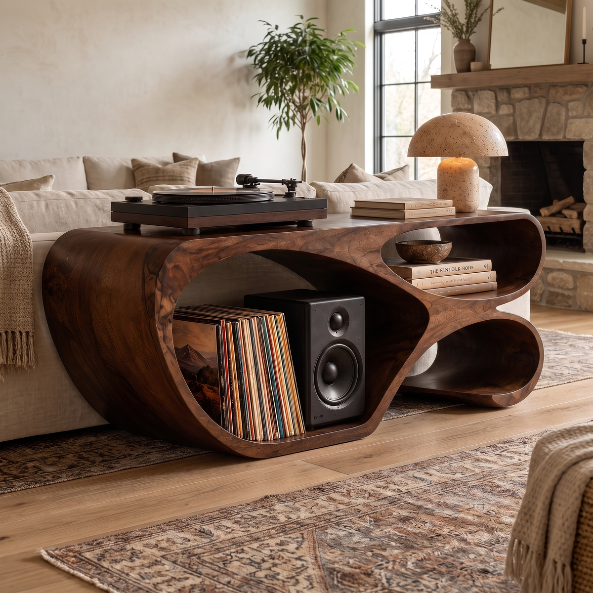 Sylodrin Sculpted Loop Handcrafted Record Player Stand With Storage Dark Walnut - Timberustic Record Player Stand With Storage