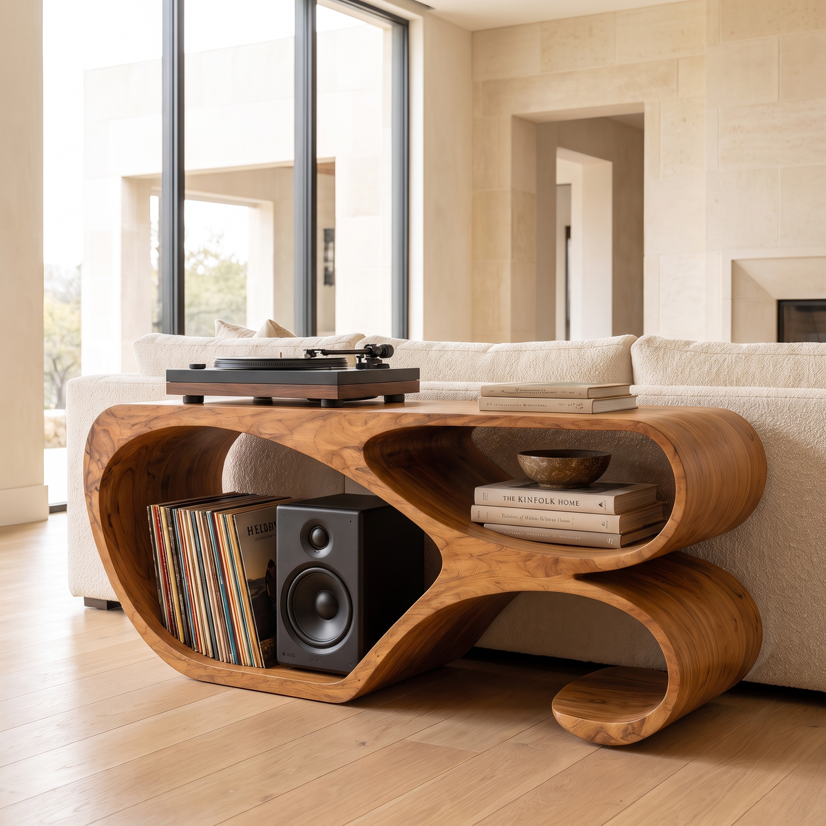Sylodrin Sculpted Loop Handcrafted Record Player Stand With Storage Teak - Timberustic Record Player Stand With Storage
