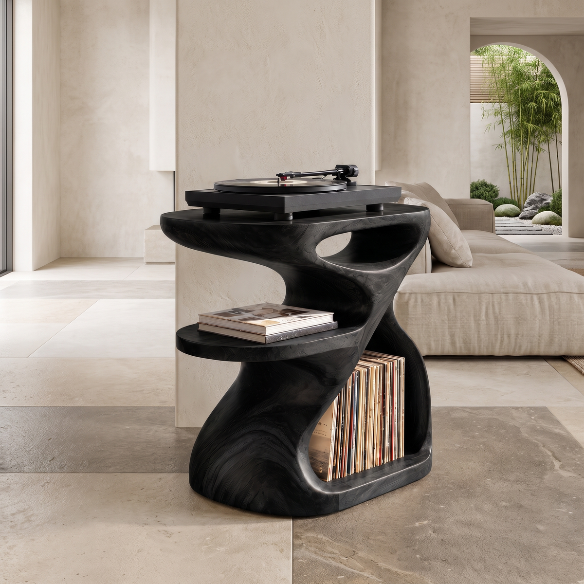 Sylolune Sculpted Open-Frame Handcrafted Record Player Stand With Storage Black - Timberustic Record Player Stand With Storage