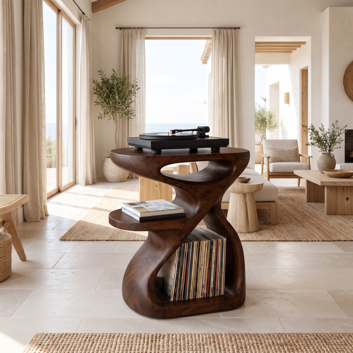 Sylolune Sculpted Open-Frame Handcrafted Record Player Stand With Storage Dark Walnut - Timberustic Record Player Stand With Storage
