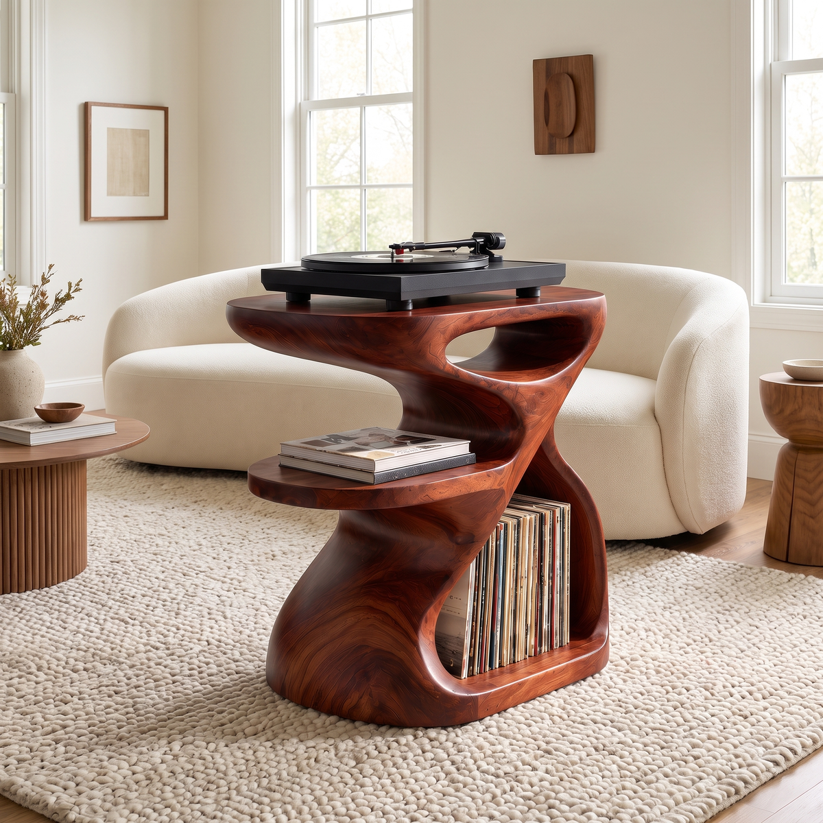 Sylolune Sculpted Open-Frame Handcrafted Record Player Stand With Storage Mahogany - Timberustic Record Player Stand With Storage
