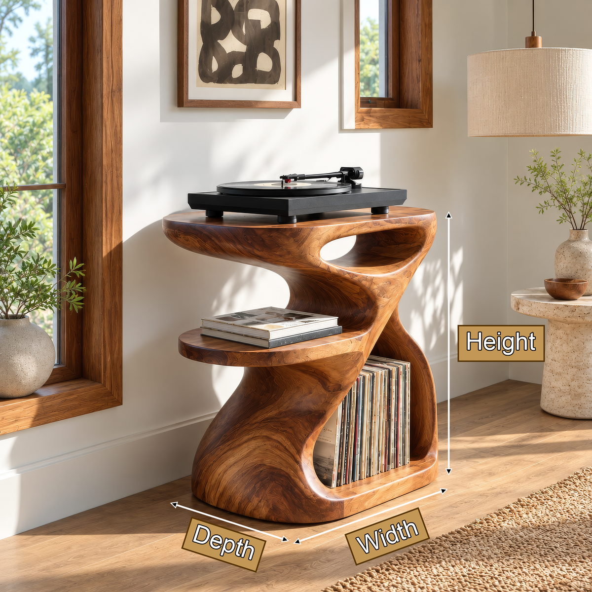 Sylolune Sculpted Open-Frame Handcrafted Record Player Stand With Storage - Timberustic Record Player Stand With Storage