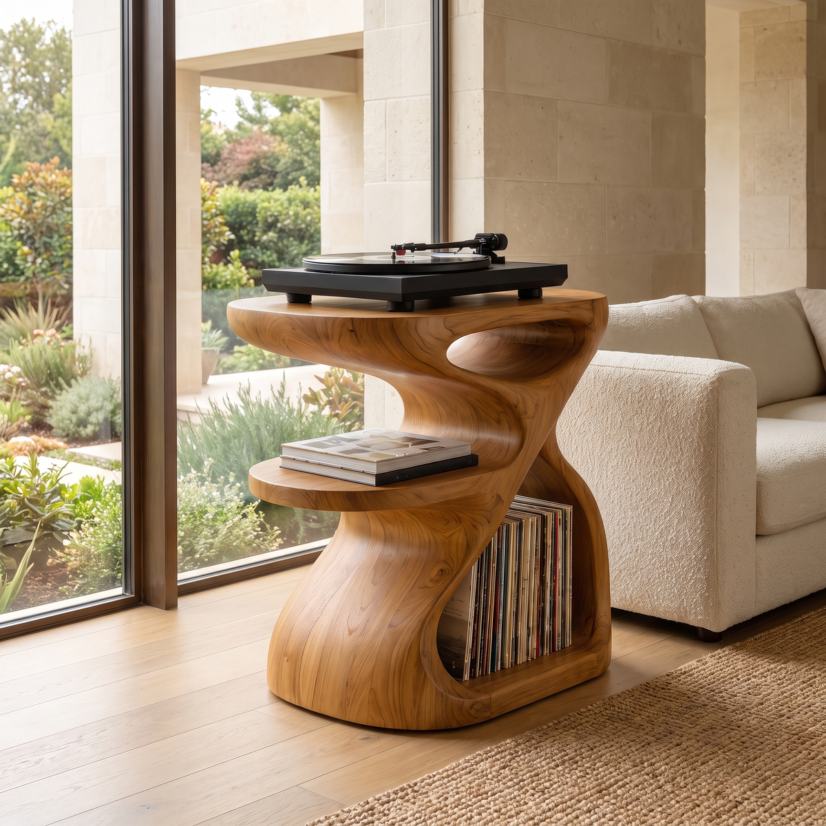 Sylolune Sculpted Open-Frame Handcrafted Record Player Stand With Storage Teak - Timberustic Record Player Stand With Storage
