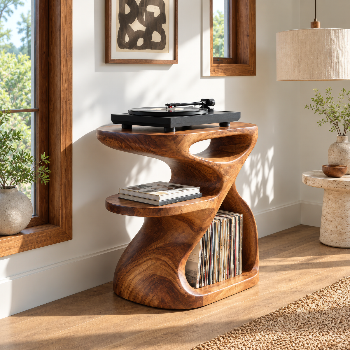 Sylolune Sculpted Open-Frame Handcrafted Record Player Stand With Storage - Timberustic Record Player Stand With Storage