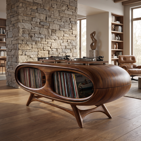 Sylovale Curved Capsule Sculpted Handcrafted Record Player Stand With Storage Brown - Timberustic Record Player Stand With Storage