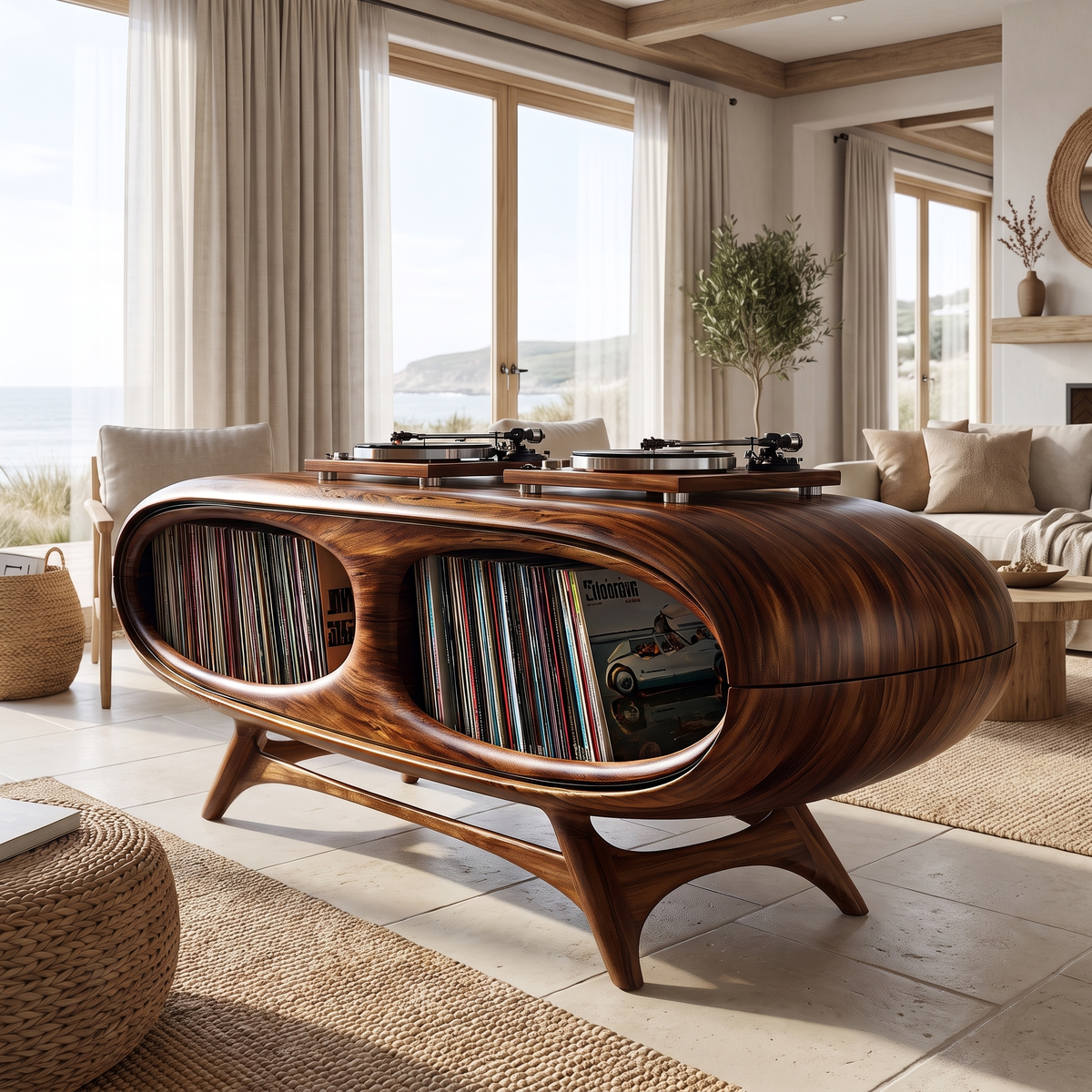 Sylovale Curved Capsule Sculpted Handcrafted Record Player Stand With Storage Dark Walnut - Timberustic Record Player Stand With Storage