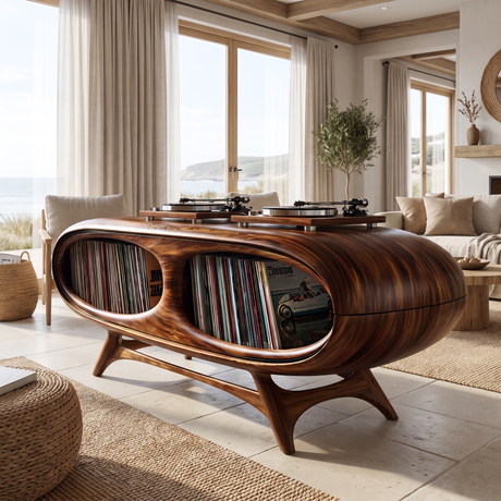 Sylovale Curved Capsule Sculpted Handcrafted Record Player Stand With Storage Dark Walnut - Timberustic Record Player Stand With Storage