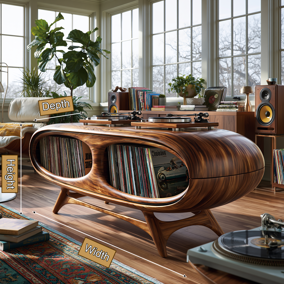 Sylovale Curved Capsule Sculpted Handcrafted Record Player Stand With Storage - Timberustic Record Player Stand With Storage