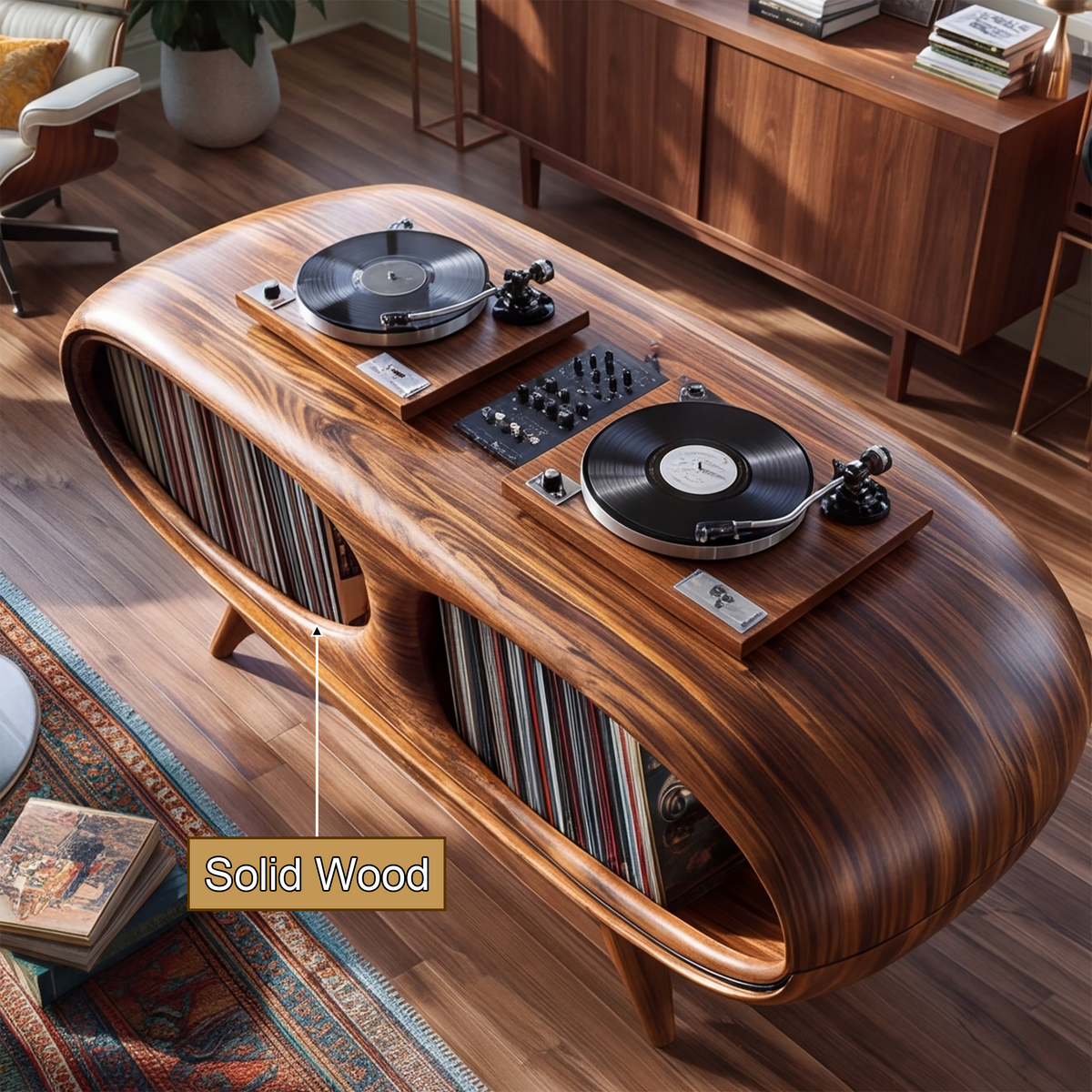 Sylovale Curved Capsule Sculpted Handcrafted Record Player Stand With Storage - Timberustic Record Player Stand With Storage
