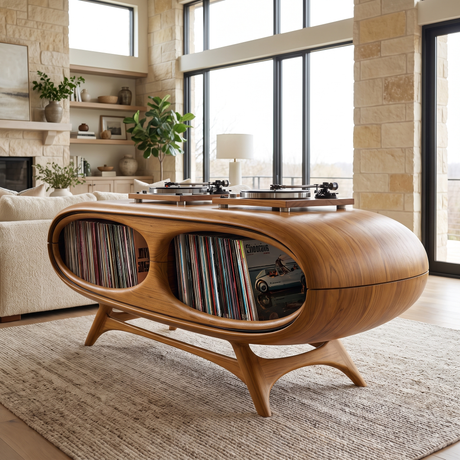 Sylovale Curved Capsule Sculpted Handcrafted Record Player Stand With Storage Teak - Timberustic Record Player Stand With Storage