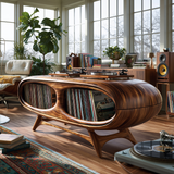Sylovale Curved Capsule Sculpted Handcrafted Record Player Stand With Storage - Timberustic Record Player Stand With Storage