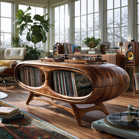 Sylovale Curved Capsule Sculpted Handcrafted Record Player Stand With Storage - Timberustic Record Player Stand With Storage