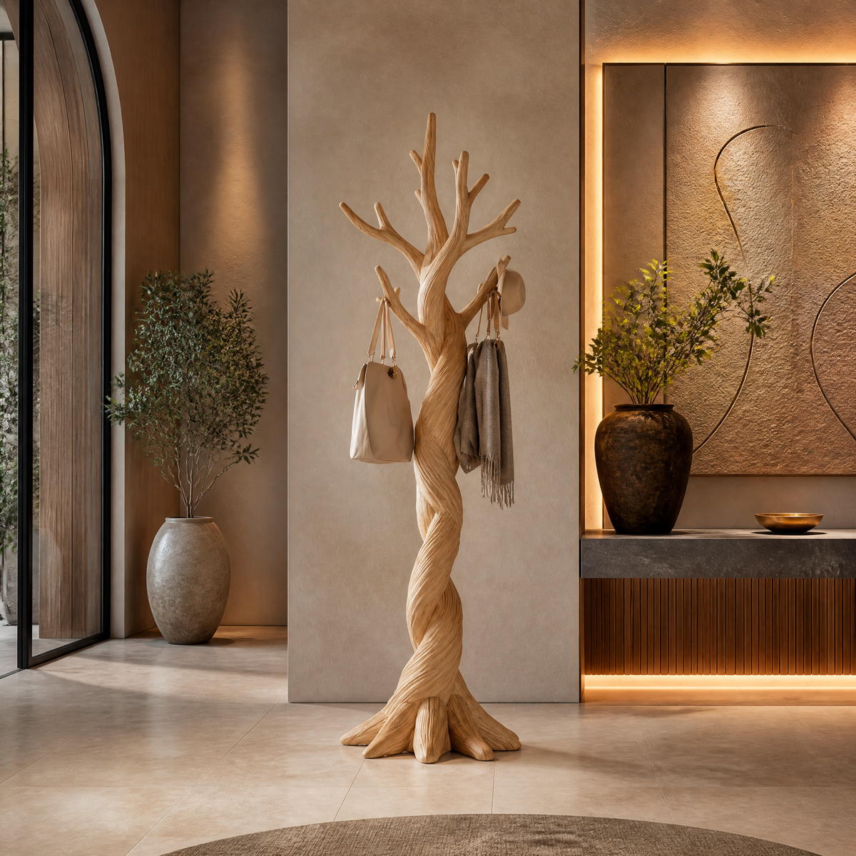 Torsorien Twisting Sculpted Tree Coat Rack by Timberustic — Natural Oak finish
