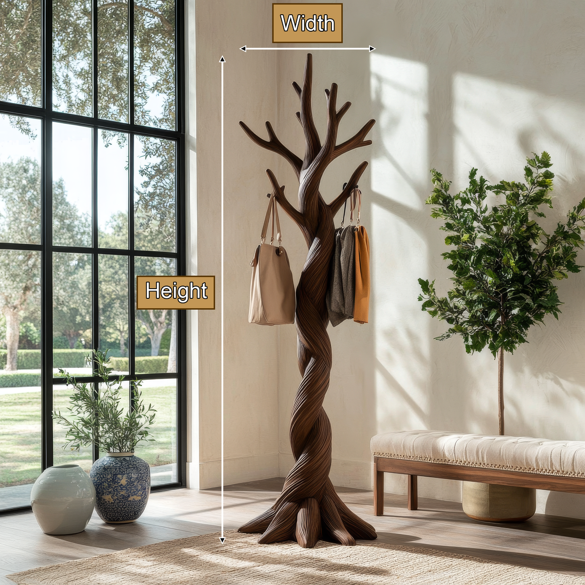 Torsorien Twisting Sculpted Tree Coat Rack by Timberustic — product dimensions