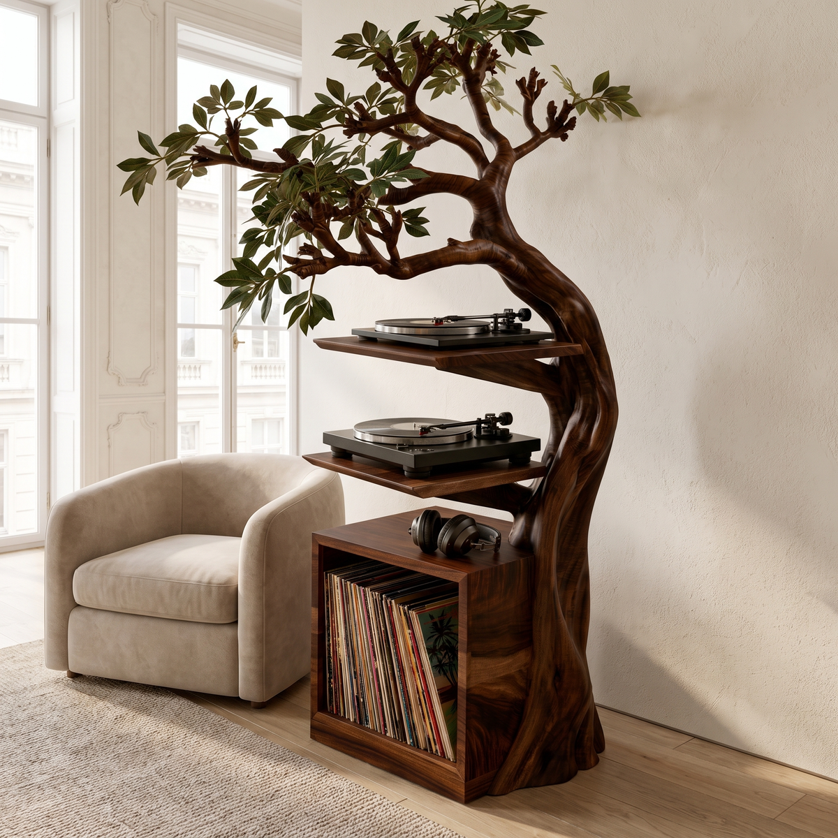 Torsylva Twisting Sculpted Tree Handcrafted Record Player Stand With Storage Dark Walnut - Timberustic Record Player Stand With Storage