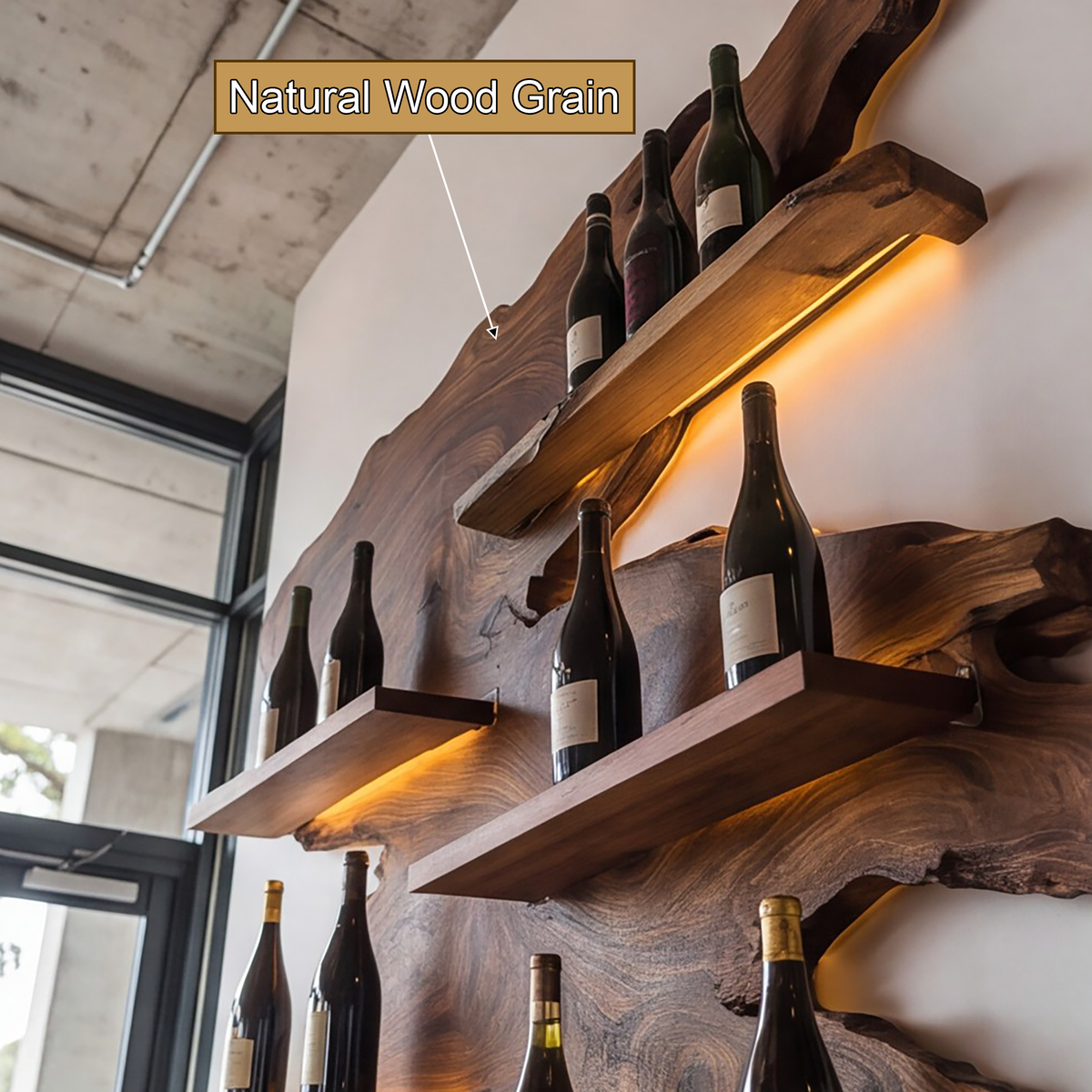 Vardeno Live Edge Floating Wine Shelf by Timberustic — Natural Wood Grain