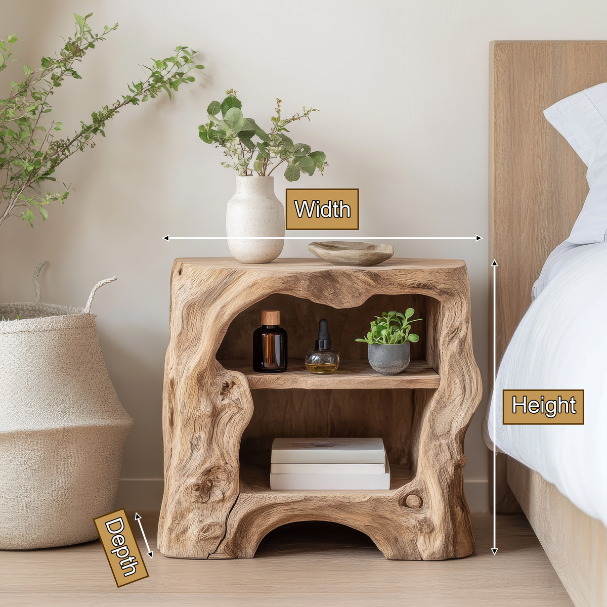 Vardessa Sculpted Arch Handcrafted Bedside Table by Timberustic — product dimensions