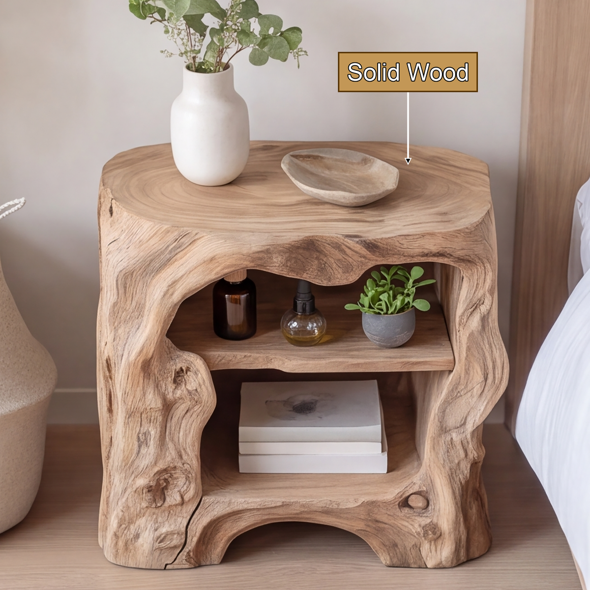 Vardessa Sculpted Arch Handcrafted Bedside Table by Timberustic — solid wood detail