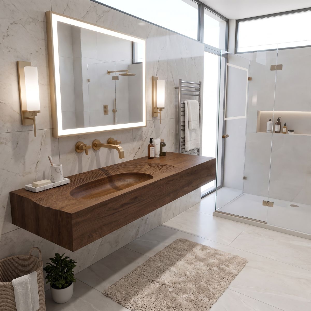 Varelon Topographic Contour Handcrafted Floating Bathroom Vanity with Integrated Sink by Timberustic — Brown finish