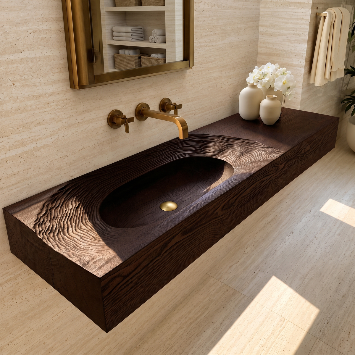 Varelon Topographic Contour Handcrafted Floating Bathroom Vanity with Integrated Sink by Timberustic — Dark Walnut finish