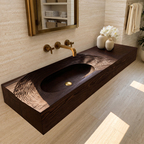 Varelon Topographic Contour Handcrafted Floating Bathroom Vanity with Integrated Sink Dark Walnut - Timberustic Floating Bathroom Vanity with Integrated Sink